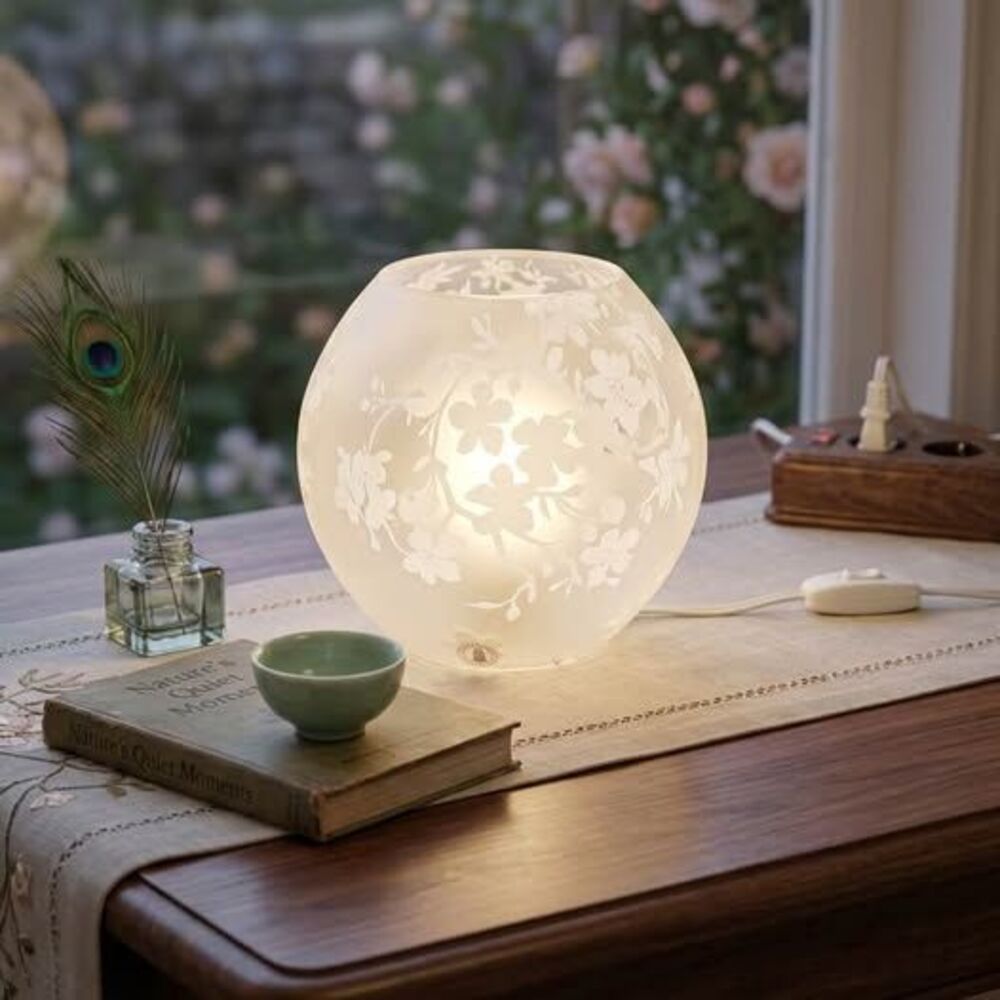 IKEA KNUBBIG Glass Globe Table Lamp - White Cherry Blossom Frosted Accent Light